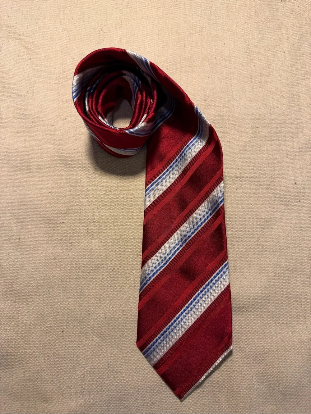 Ermenegildo Zegna Blue White Red Striped Thick Silk & Cotton Tie 3 1/2 x 60